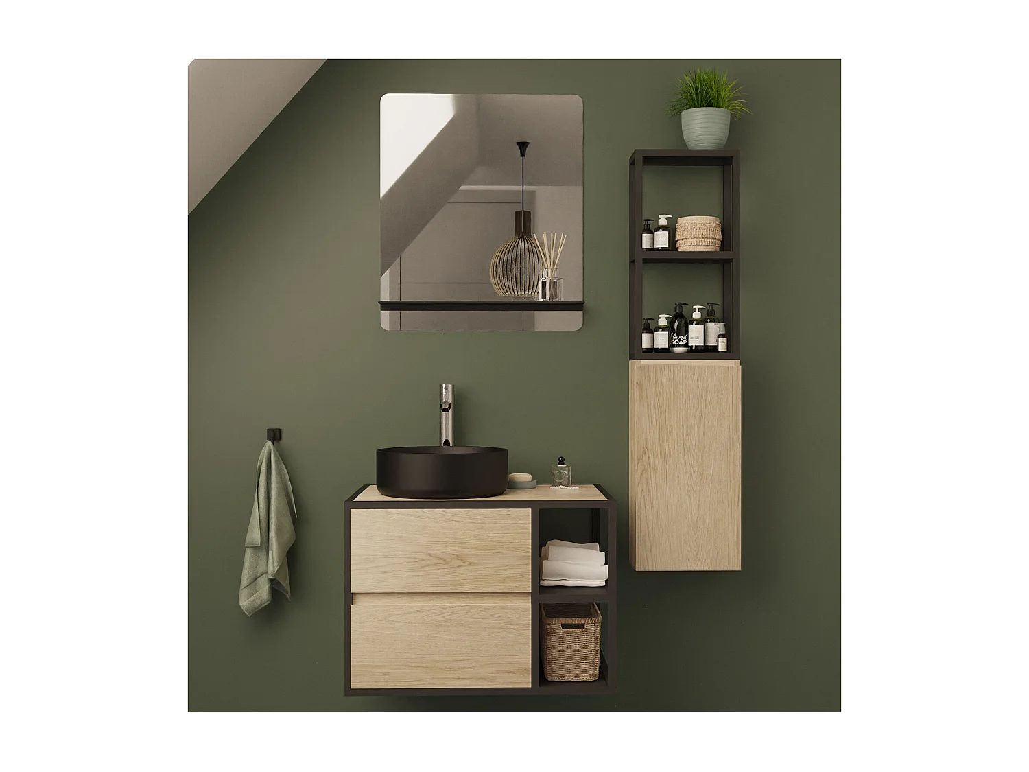 EDISSON Mueble de baño de 70 cm con columna, espejo y lavabo