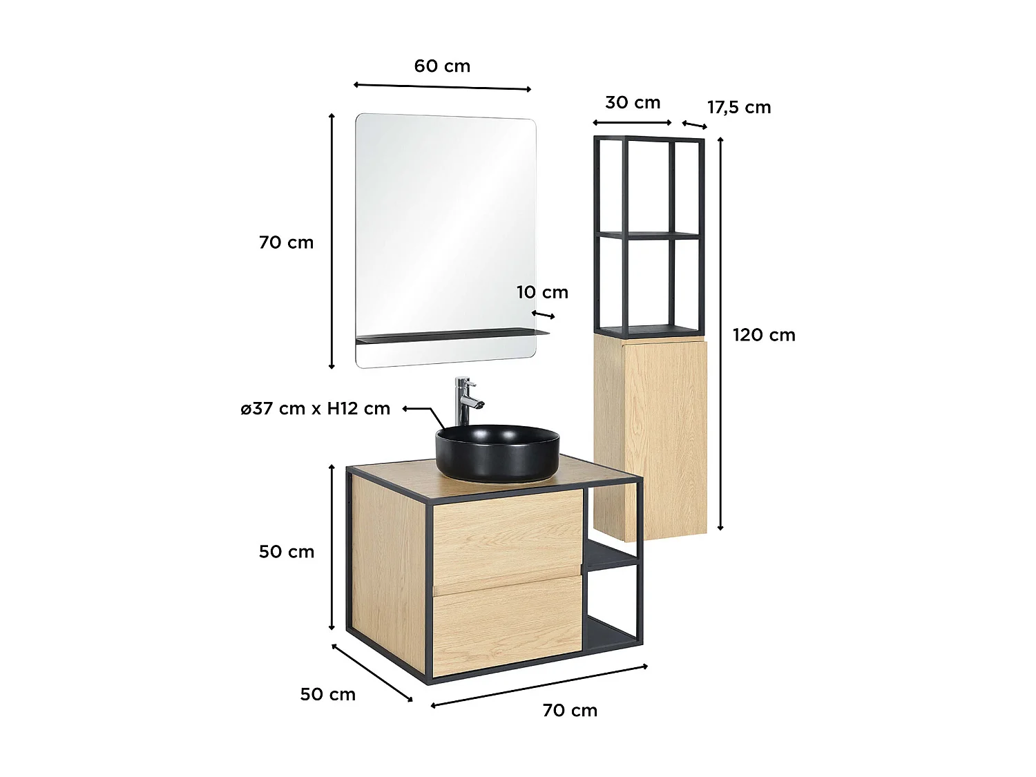 EDISSON Mueble de baño de 70 cm con columna, espejo y lavabo