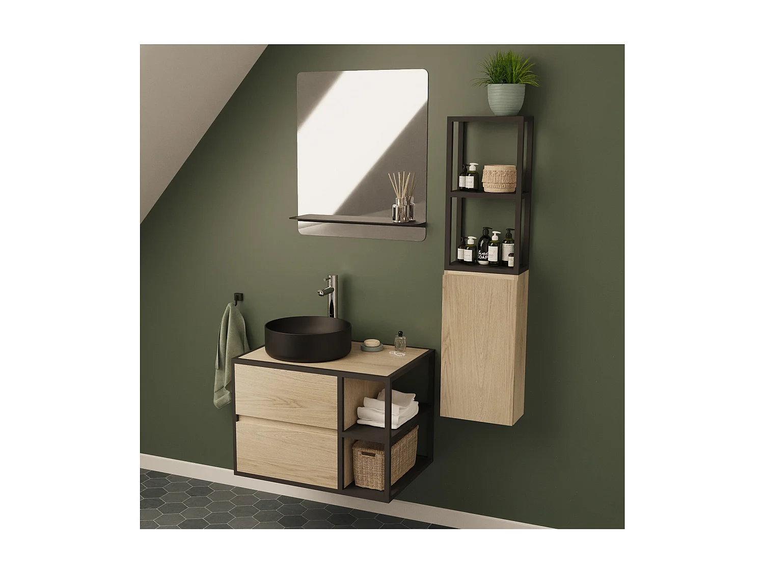 EDISSON Mueble de baño de 70 cm con columna, espejo y lavabo