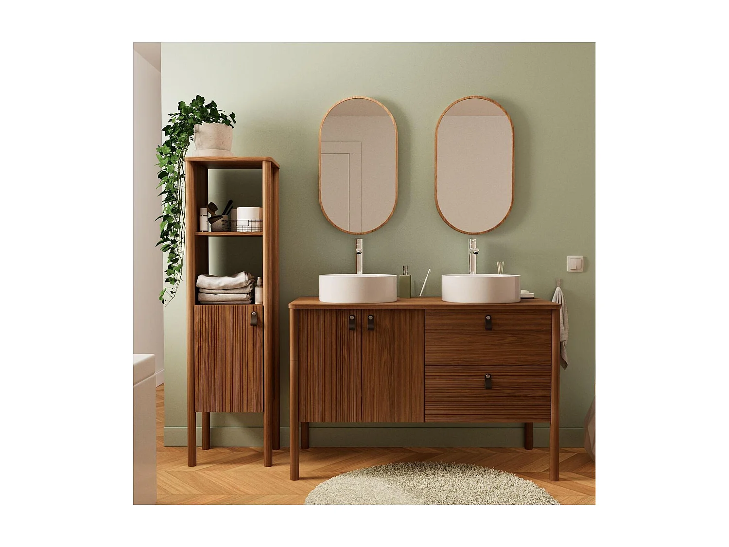 Conjunto mueble doble lavabo 120 cm + lavabo + grifo + espejo + columna JOY