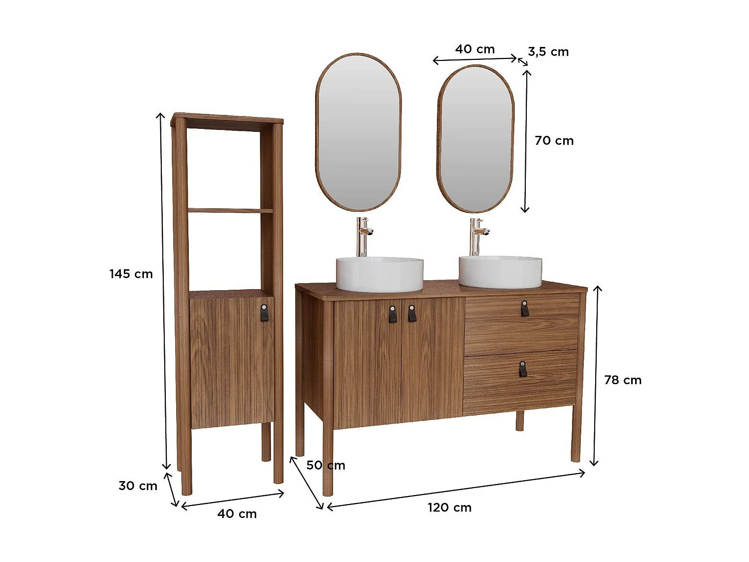 Conjunto mueble doble lavabo 120 cm + lavabo + grifo + espejo + columna JOY