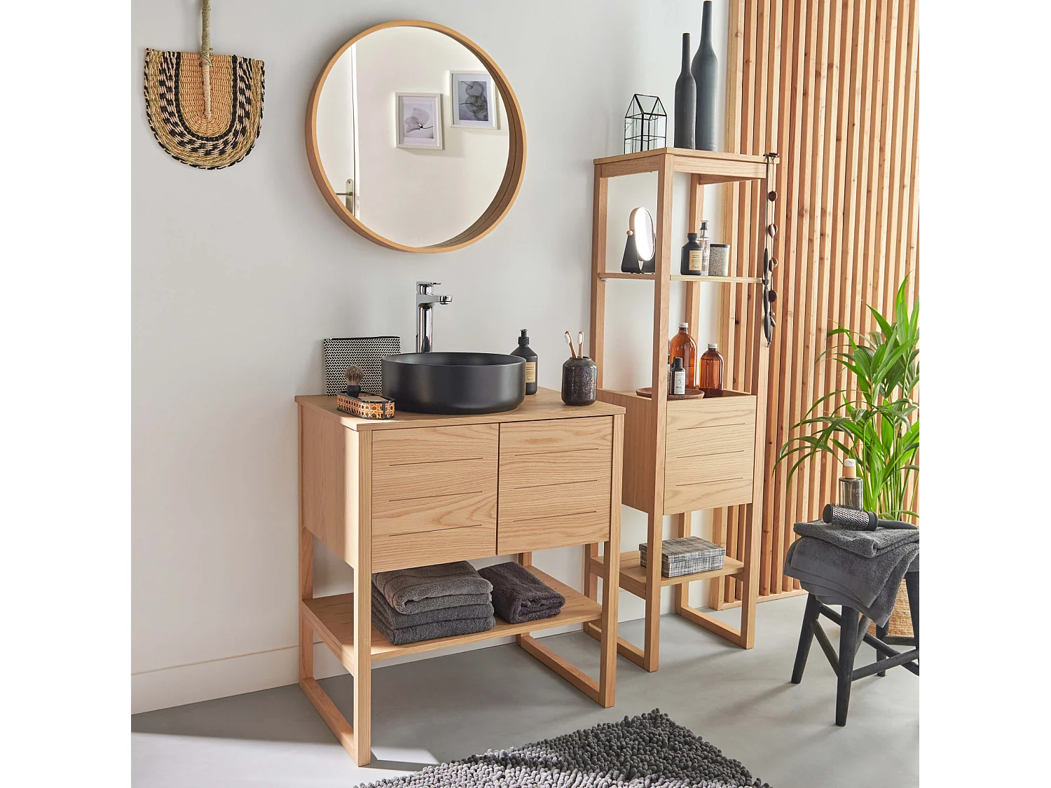 Dubbele wastafelmeubel + wastafel + spiegel + ATOLL-kolom