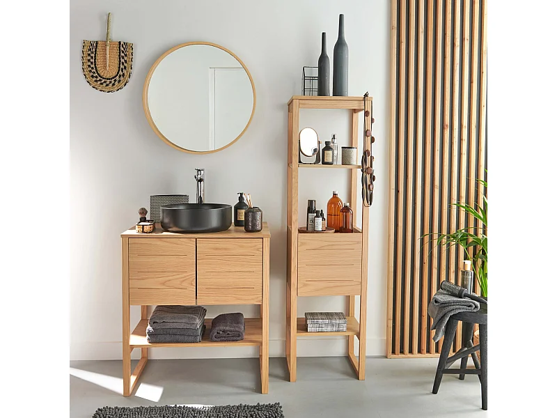 Meuble de Salle De Bain Chêne 70 cm ATOLL + Colonne + Miroir Rond 60 cm + Vasque ronde noire 37 cm