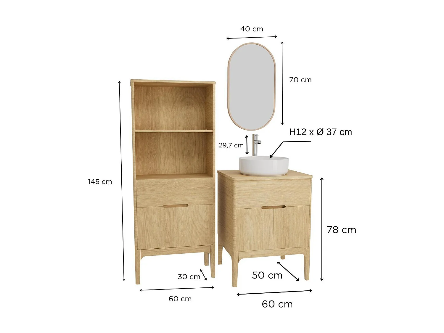 Conjunto mueble lavabo simple 60 cm + lavabo + grifo + espejo + columna ALASKA
