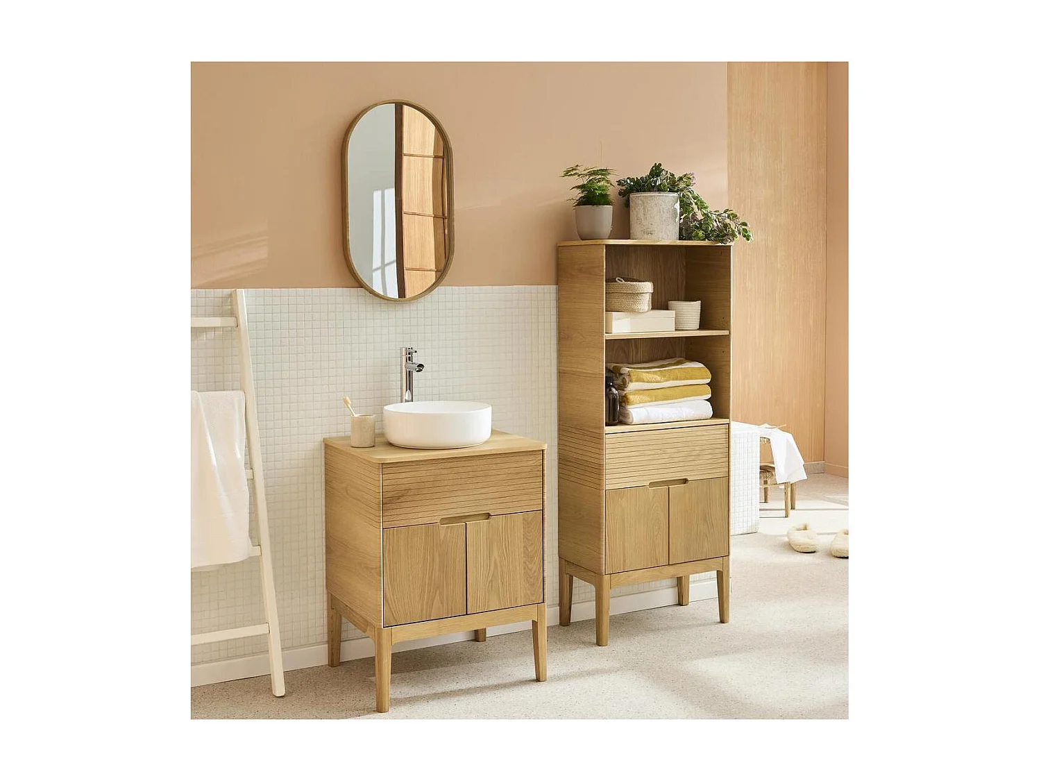 Conjunto mueble lavabo simple 60 cm + lavabo + grifo + espejo + columna ALASKA