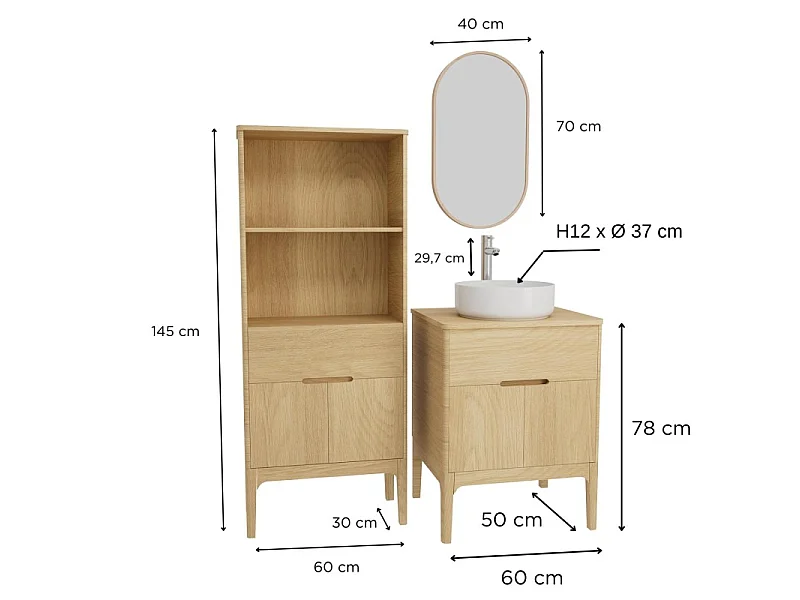 Conjunto mueble lavabo simple 60cm con grifo, espejo y columna ALASKA