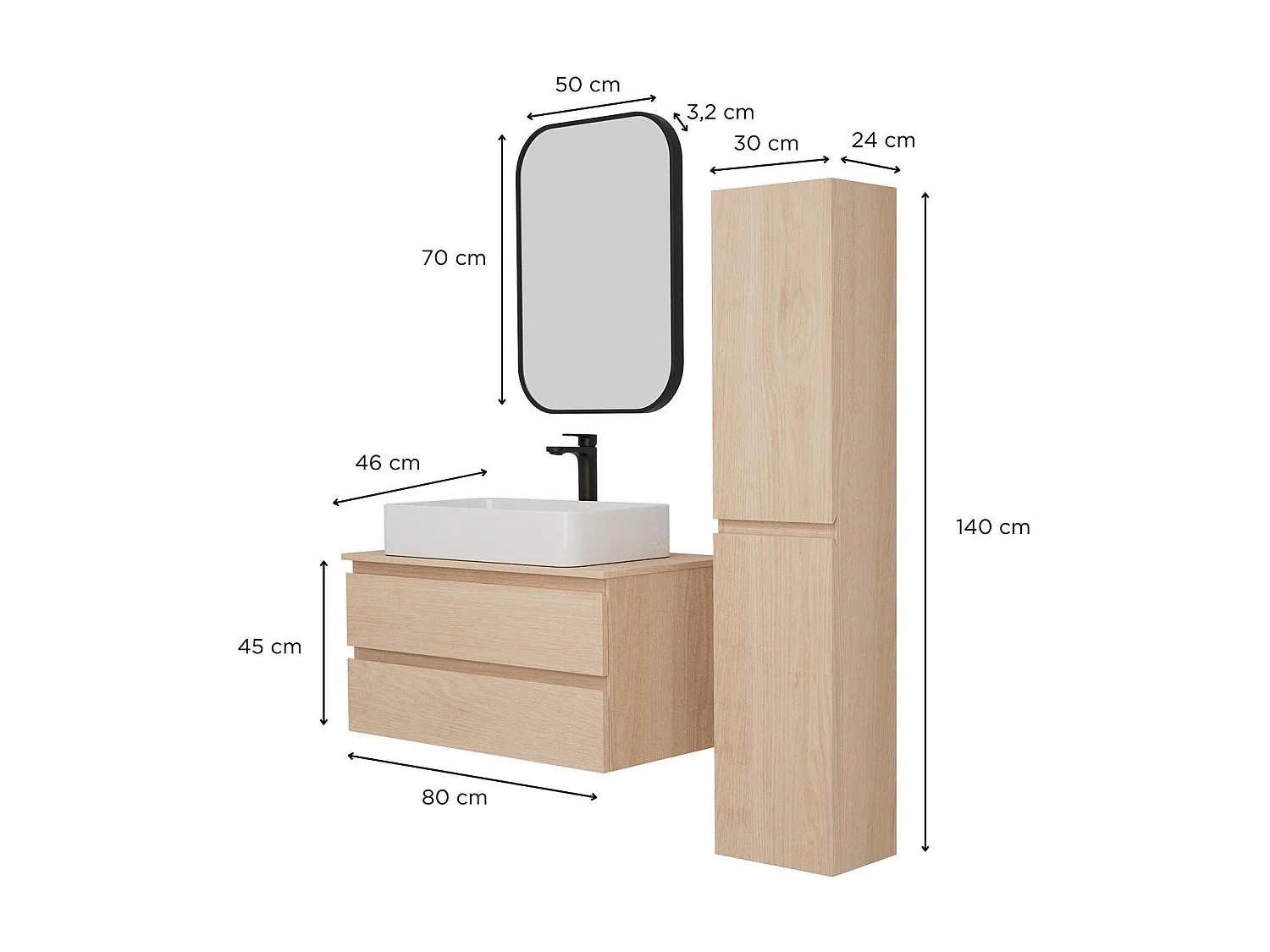Enkele wastafelmeubelset 80 cm + wastafel + kraan + spiegel + SORRENTO kolom