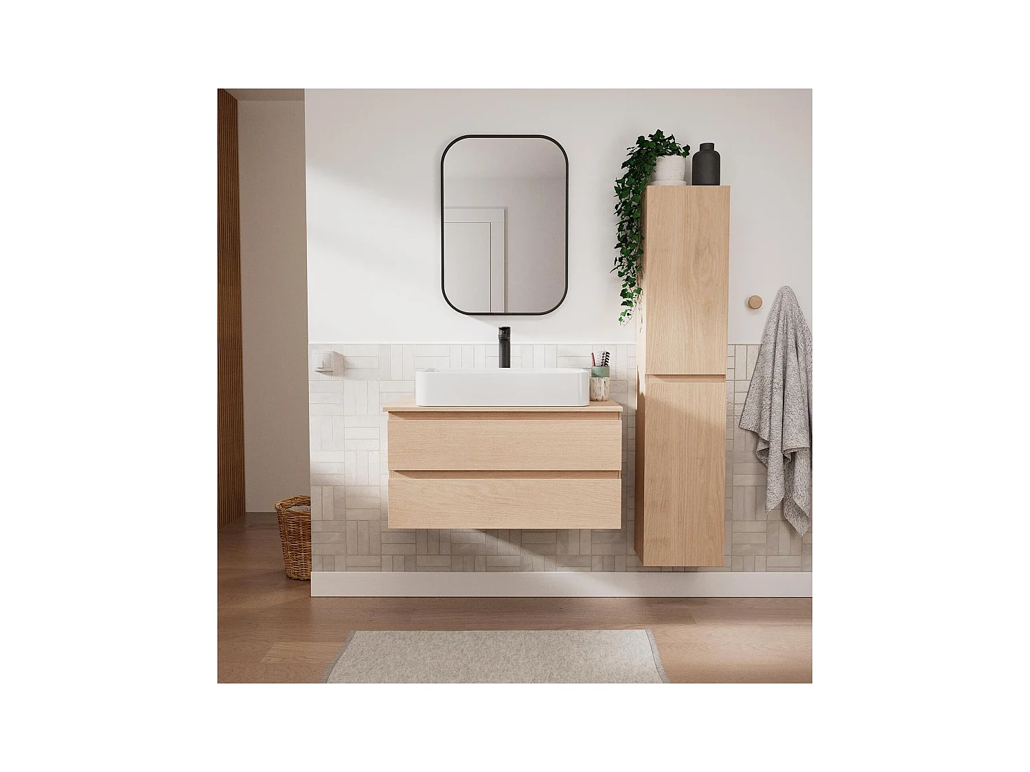 Conjunto mueble lavabo simple 80 cm + lavabo + grifo + espejo + columna SORRENTO