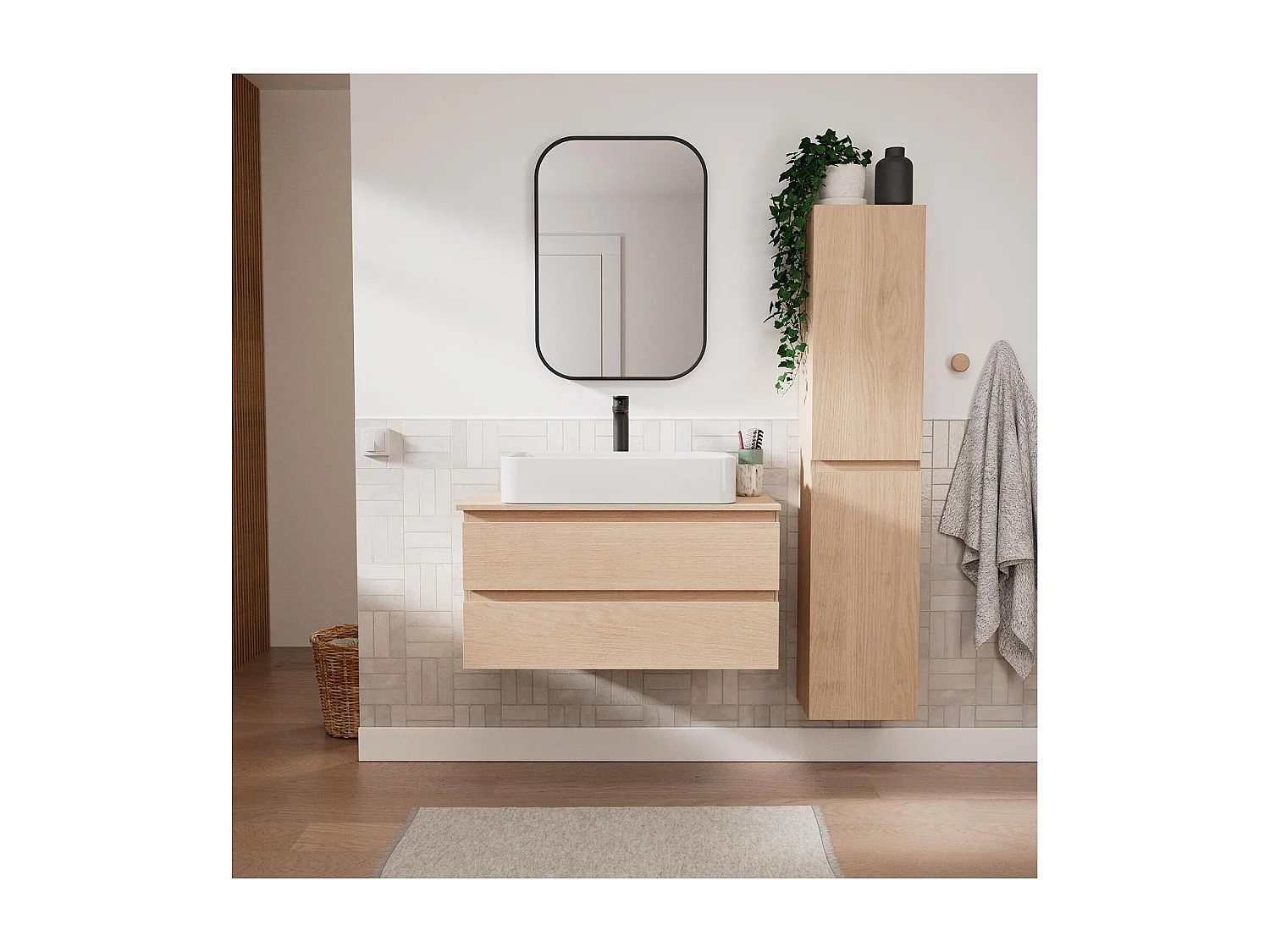 Enkele wastafelmeubelset 80 cm + wastafel + kraan + spiegel + SORRENTO kolom