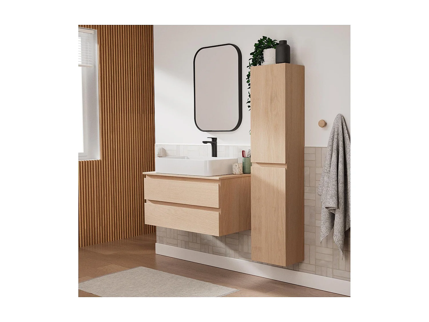 Enkele wastafelmeubelset 80 cm + wastafel + kraan + spiegel + SORRENTO kolom