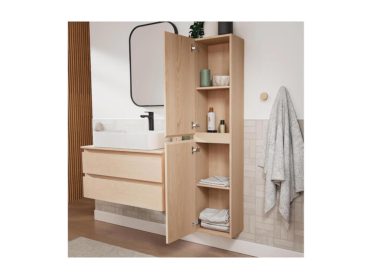 Enkele wastafelmeubelset 80 cm + wastafel + kraan + spiegel + SORRENTO kolom