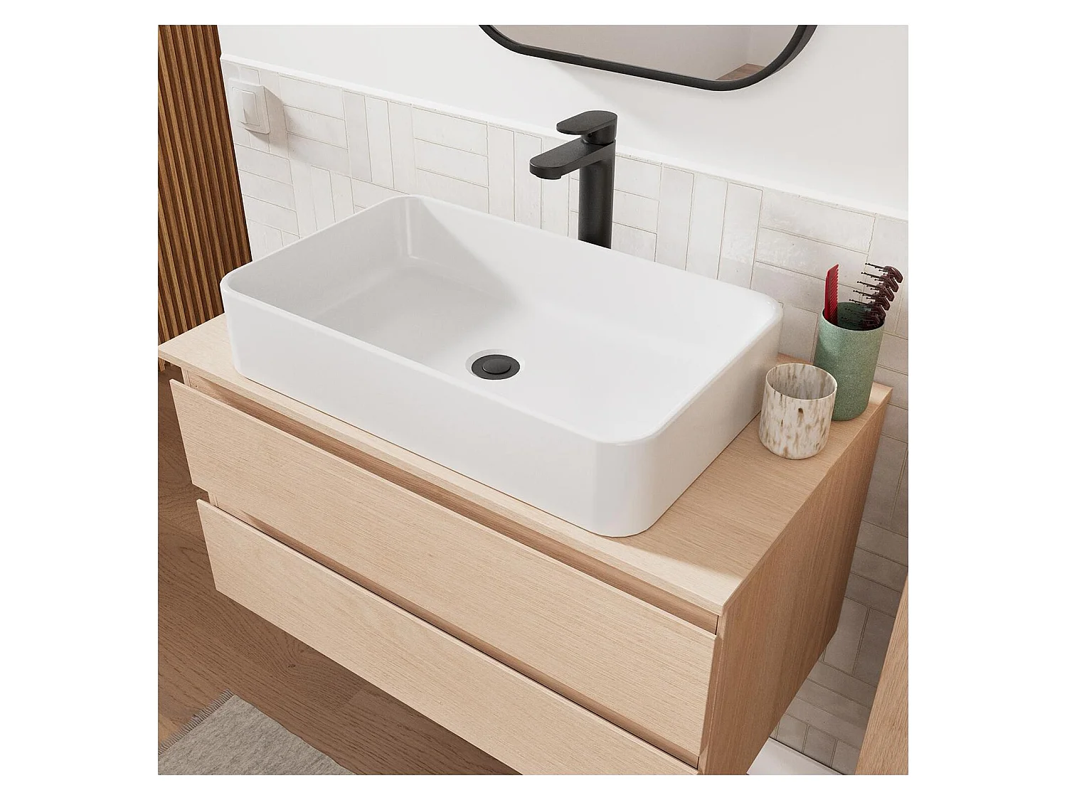 Enkele wastafelmeubelset 80 cm + wastafel + kraan + spiegel + SORRENTO kolom