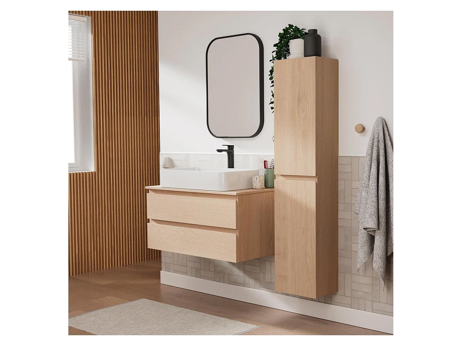 Enkele wastafelmeubelset 80 cm + wastafel + kraan + spiegel + SORRENTO kolom