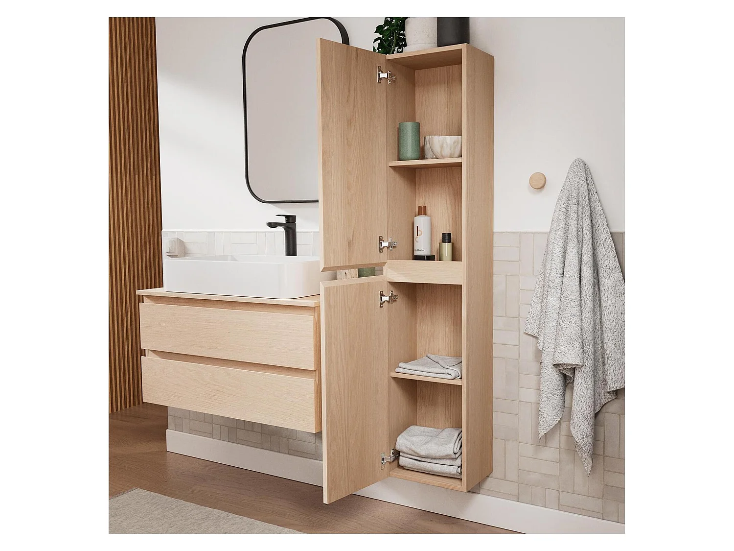 Enkele wastafelmeubelset 80 cm + wastafel + kraan + spiegel + SORRENTO kolom