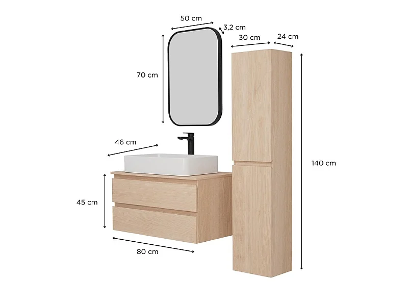 Enkele wastafelmeubelset 80 cm + wastafel + kraan + spiegel + SORRENTO kolom