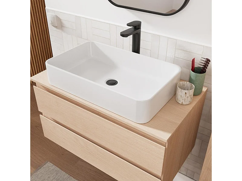 Enkele wastafelmeubelset 80 cm + wastafel + kraan + spiegel + SORRENTO kolom