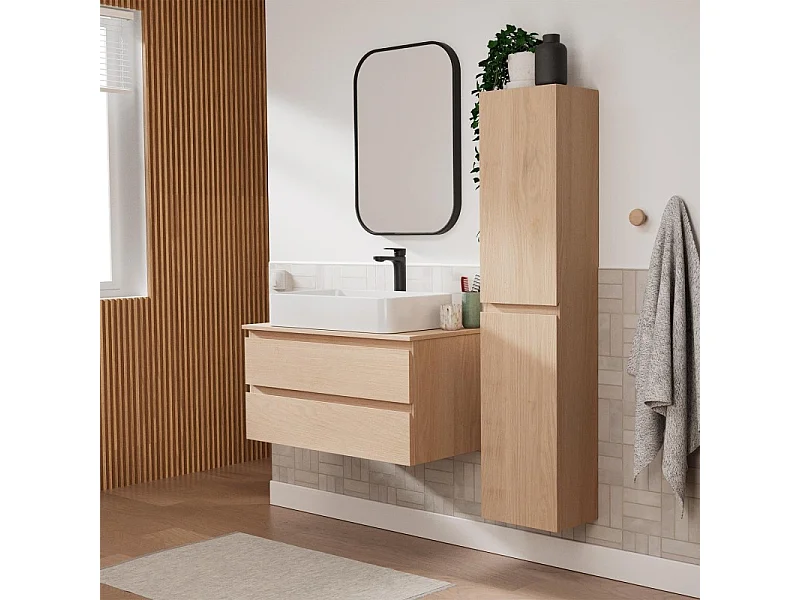 Enkele wastafelmeubelset 80 cm + wastafel + kraan + spiegel + SORRENTO kolom