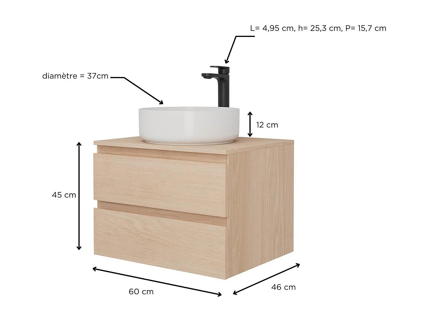 Einzelwaschtisch-Unterschrank 60 cm + Waschbecken + SORRENTO Armatur