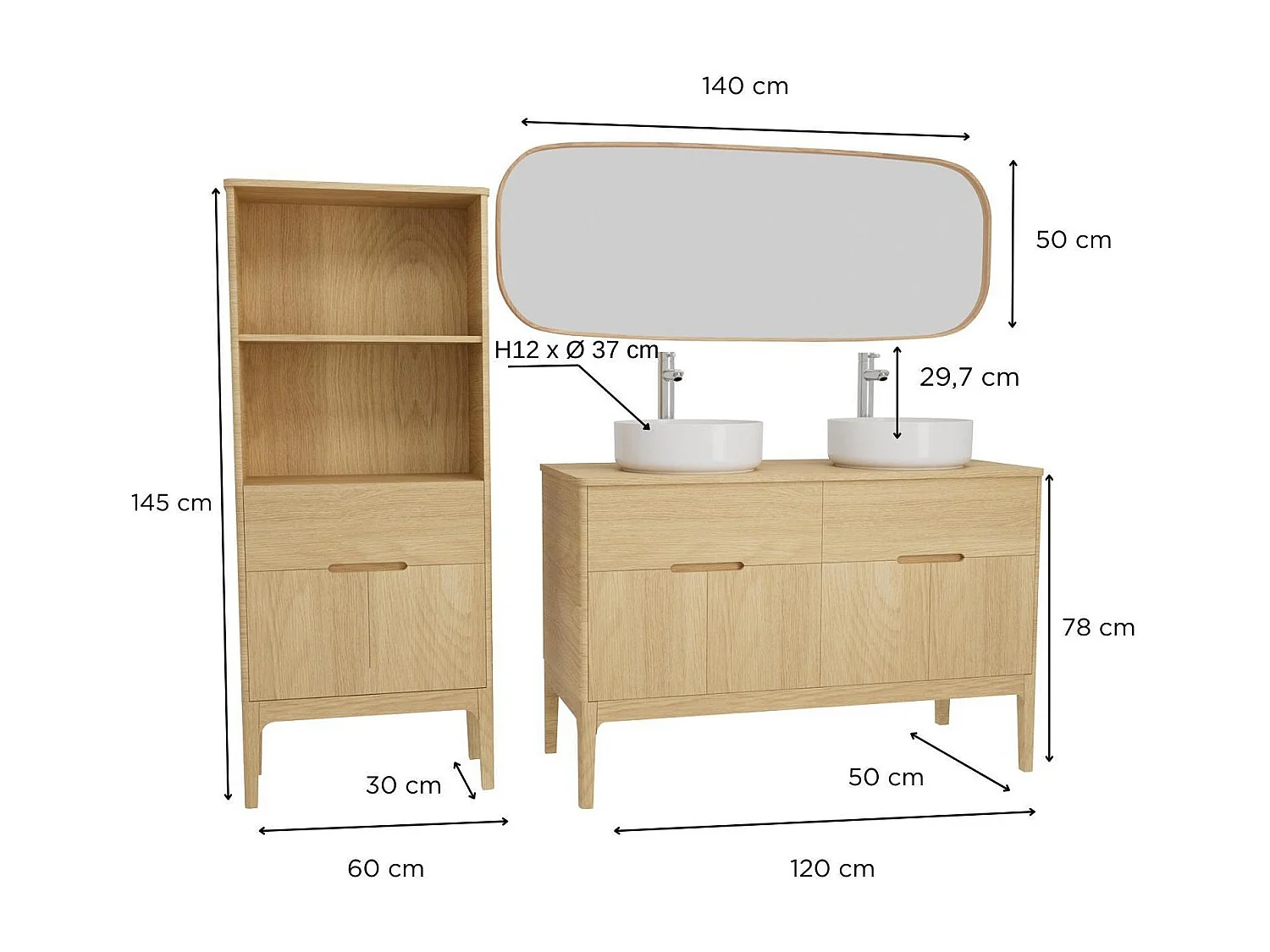 120cm dubbele spoelbakset + spoelbak + kraan + spiegel + ALASKA kolom