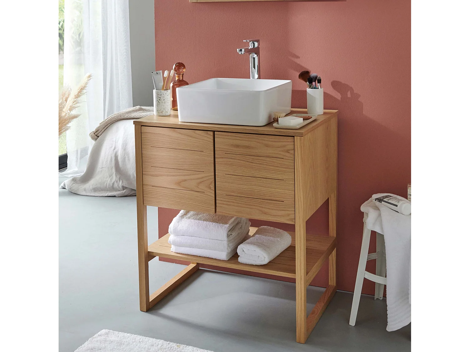 Meuble salle de bain Chêne naturel 70 cm ATOLL + Vasque carrée 36 cm