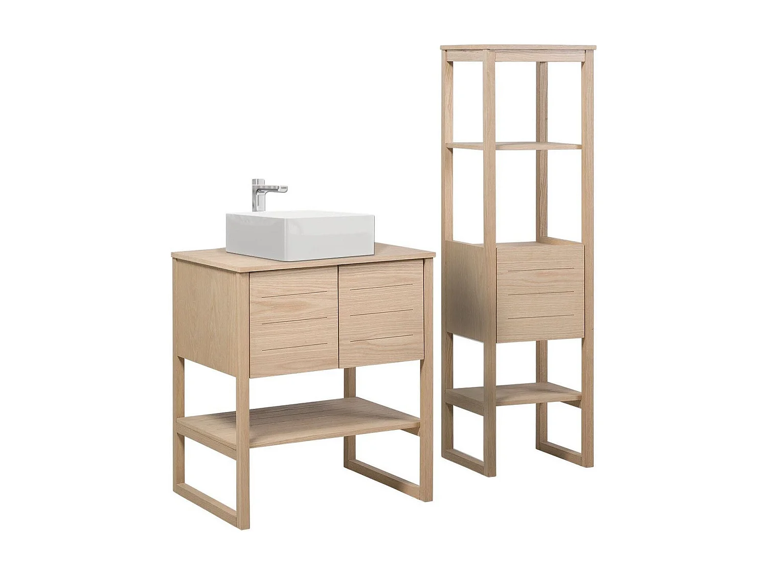 Meuble de Salle De Bain Chêne 70 cm + Colonne de rangement Chêne 145 cm ATOLL + Vasque carrée 36 cm