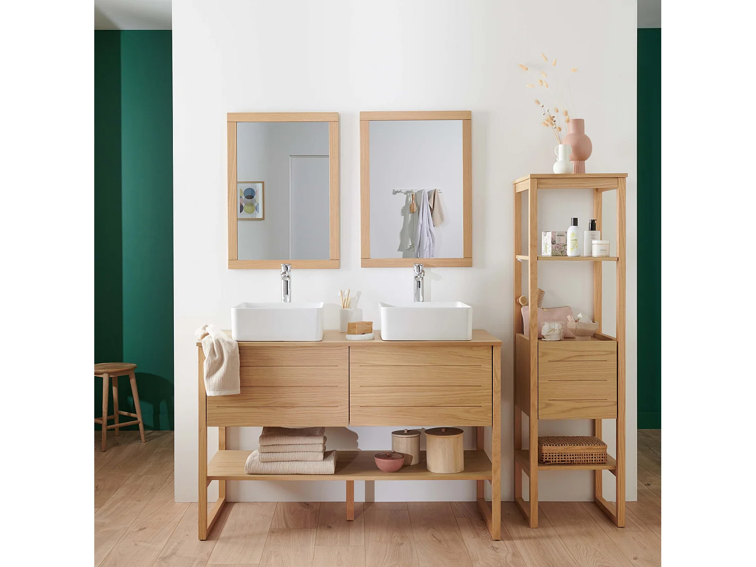 Meuble sous vasque plaqué chêne naturel ATOLL 120cm+vasque+miroir carré+colonne