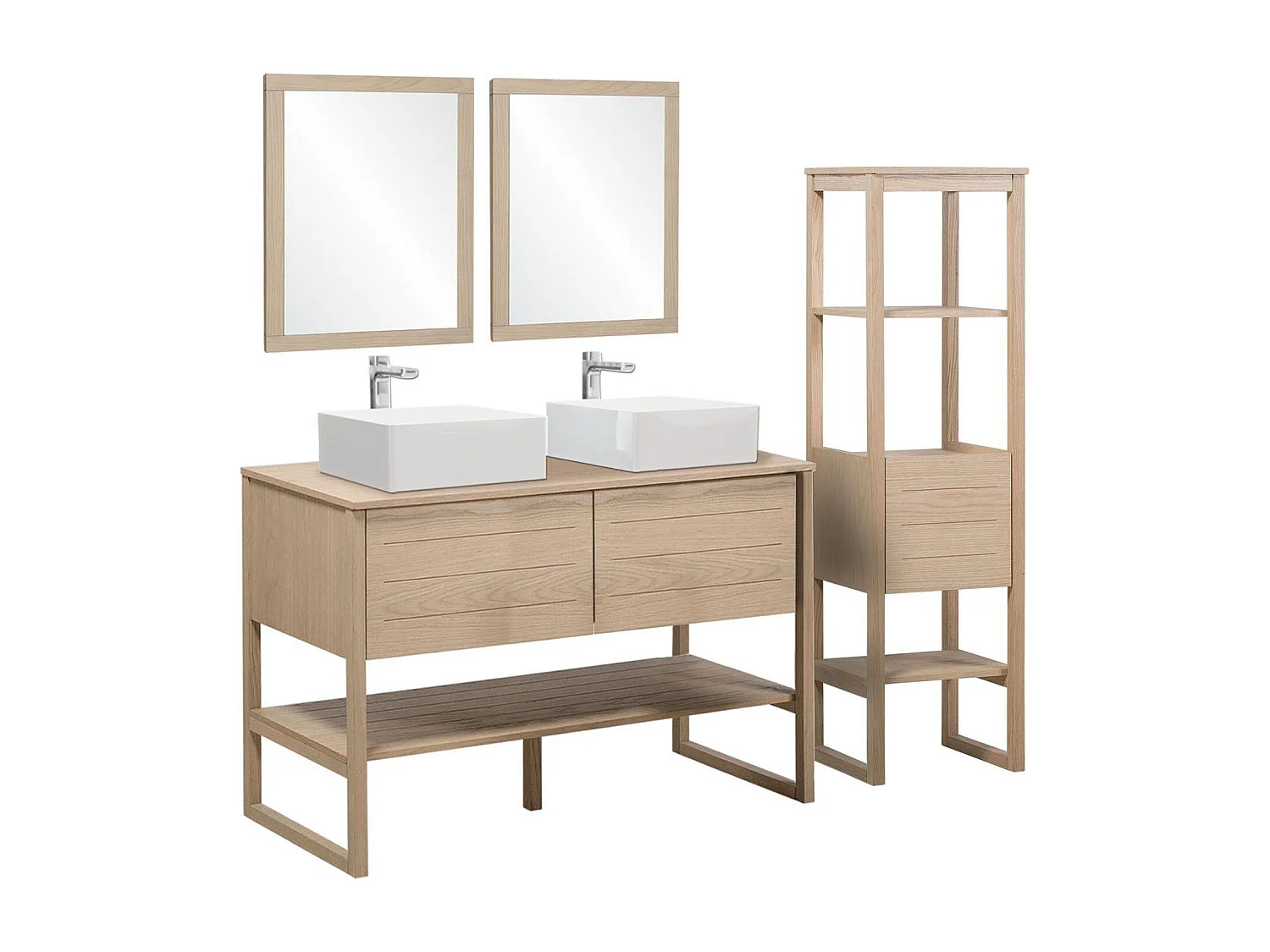 Meuble sous vasque plaqué chêne naturel ATOLL 120cm+vasque+miroir carré+colonne