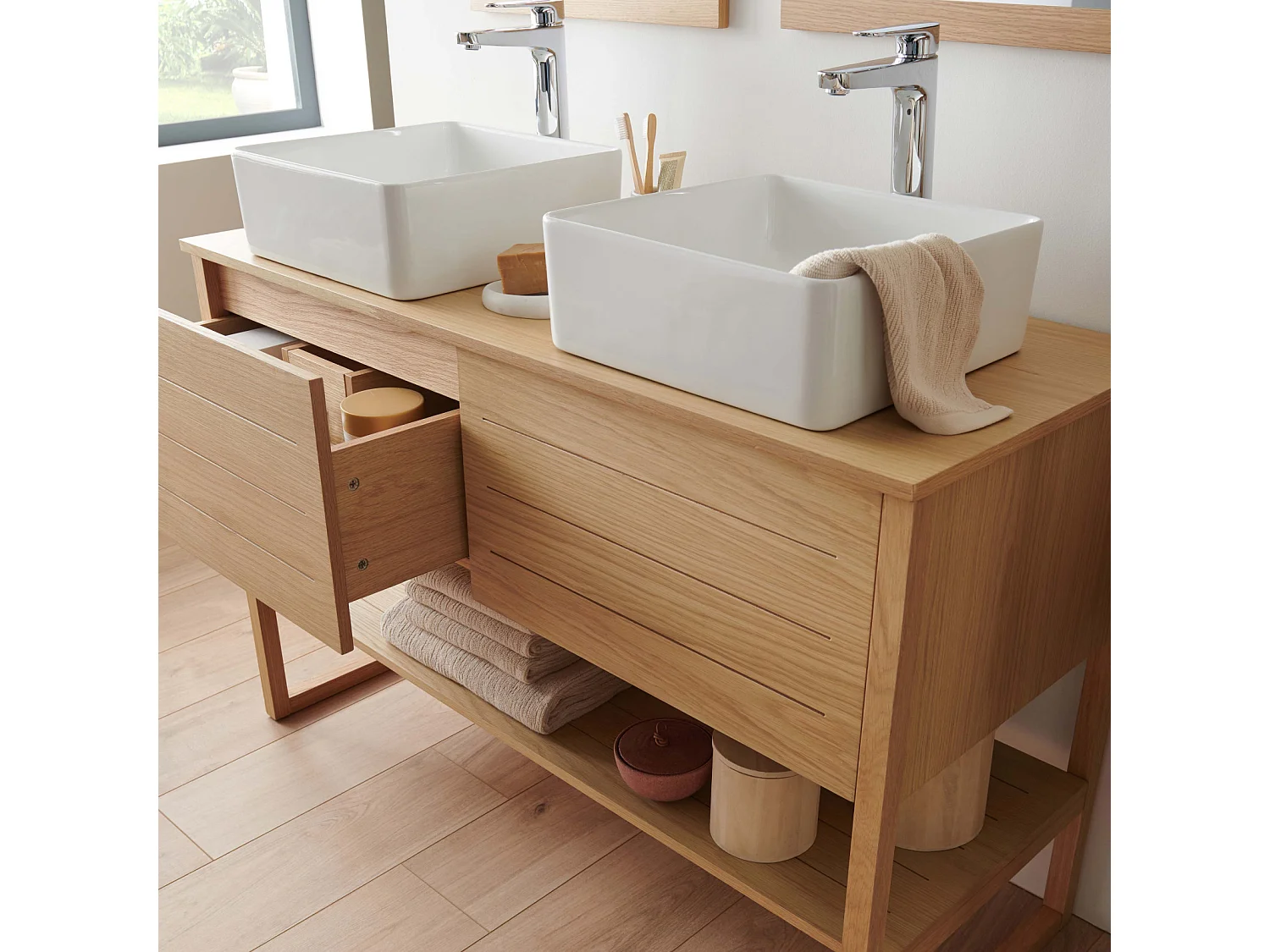Meuble sous vasque plaqué chêne naturel ATOLL 120cm+vasque+miroir carré+colonne