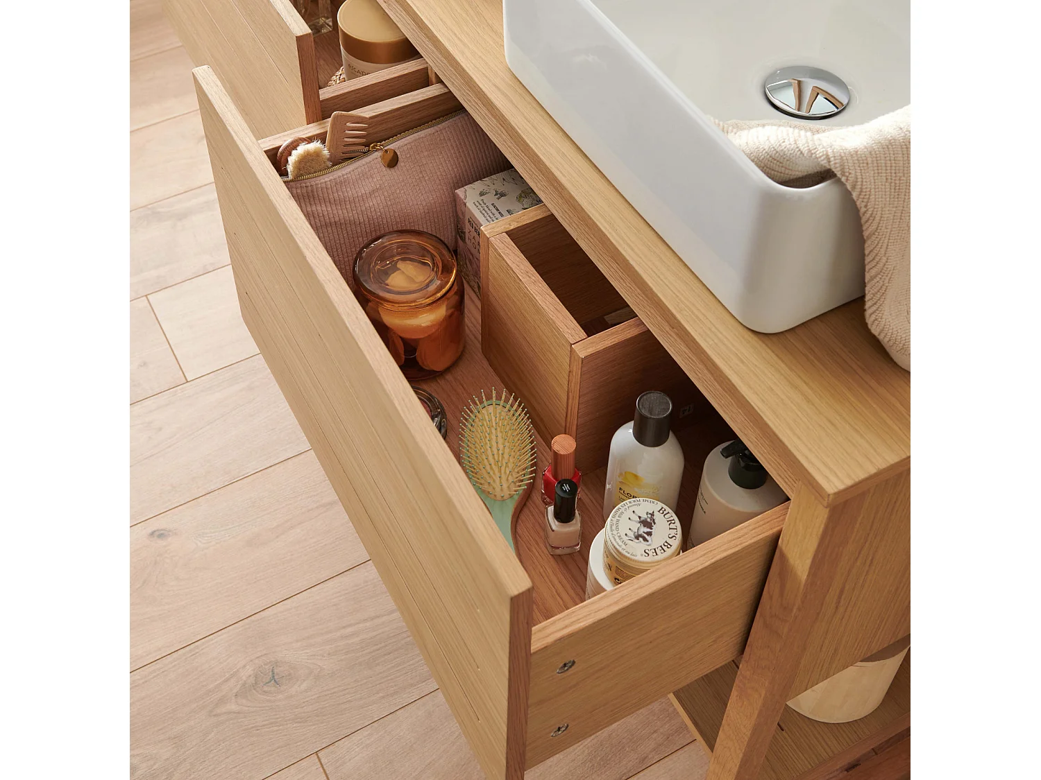 Meuble sous vasque plaqué chêne naturel ATOLL 120cm+vasque+miroir carré+colonne