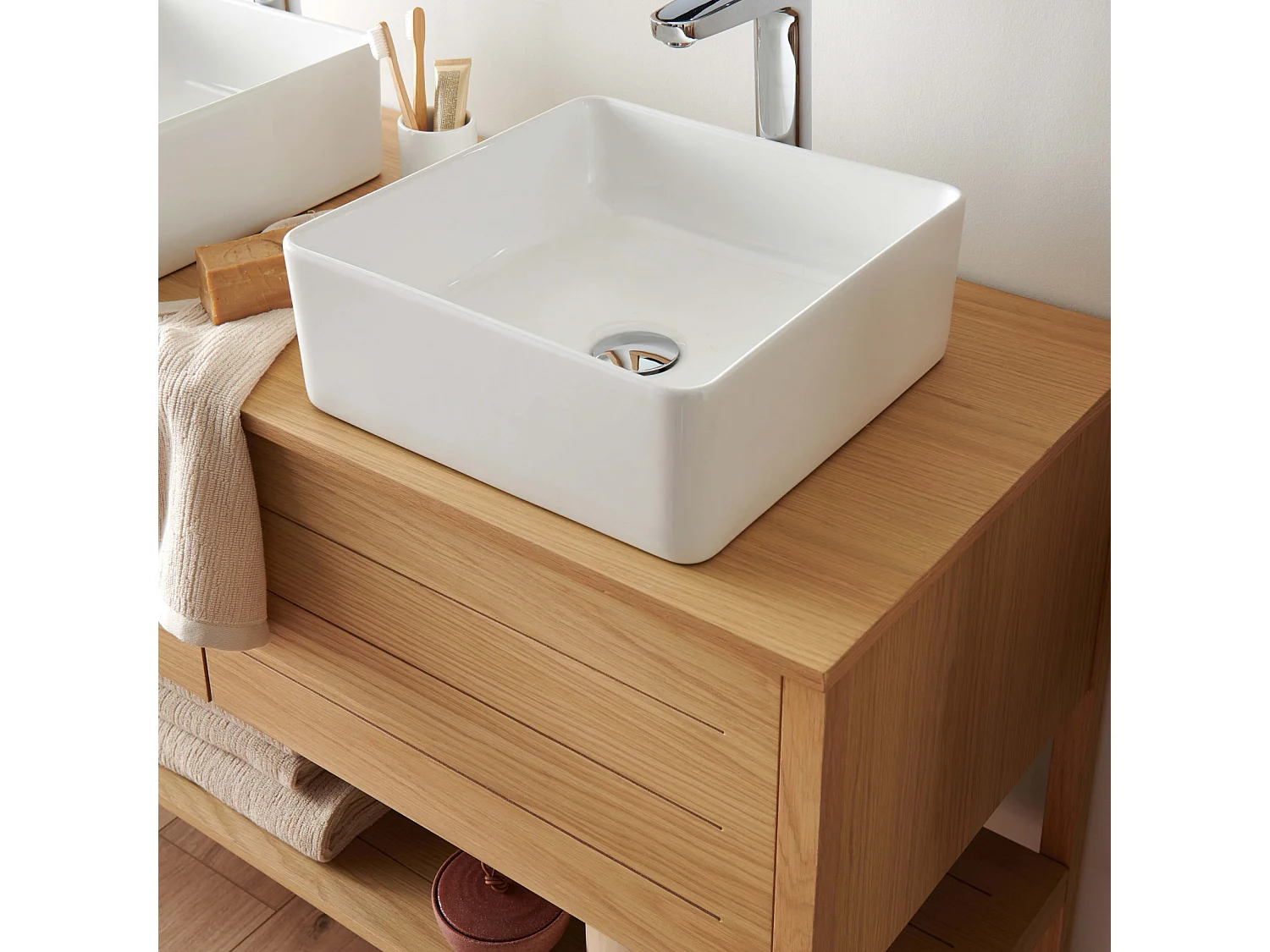 Meuble sous vasque plaqué chêne naturel ATOLL 120cm+vasque+miroir carré+colonne
