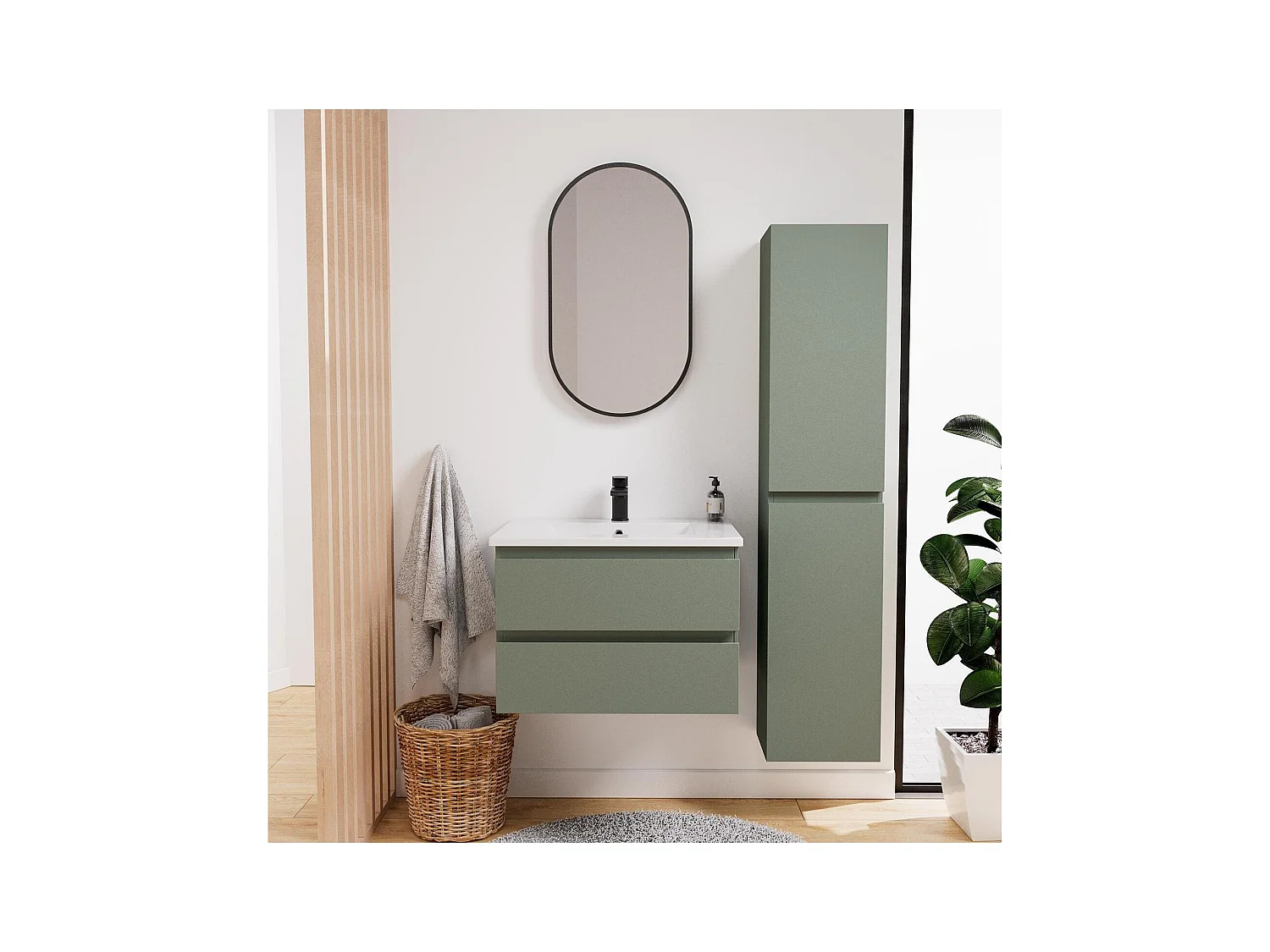 Ensemble meuble simple vasque 60 cm + robinet NETO + miroir Pepper + Colonne Sorrento