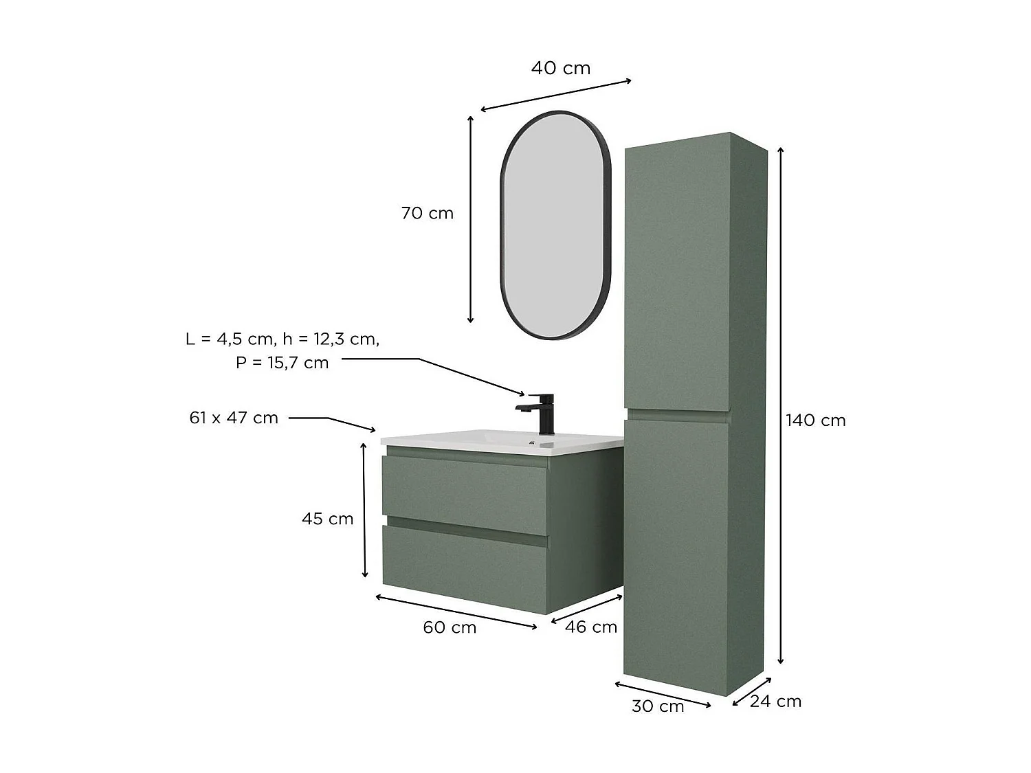 Enkele spoelbakset 60 cm + kraan + spiegel + SORRENTO kolom
