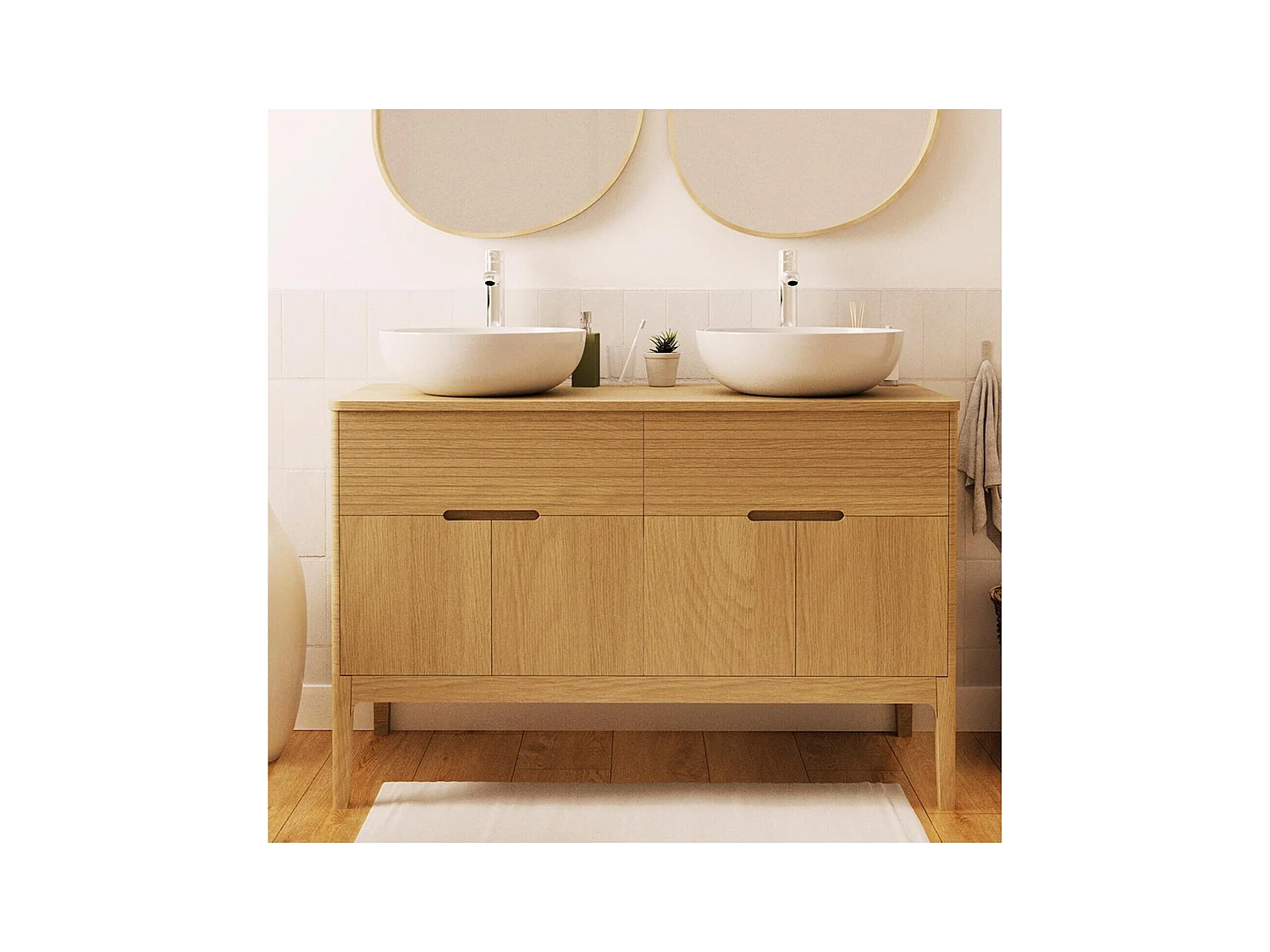 Ensemble meuble double vasque 120 cm chêne naturel + 2 vasques