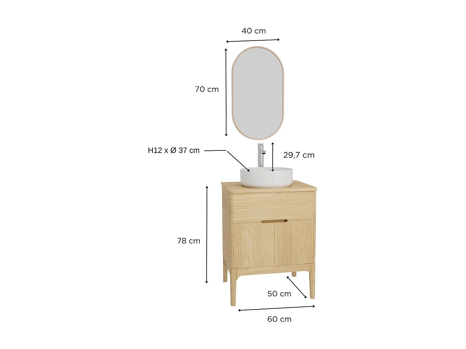 ALASKA wastafelmeubelset met enkele wasbak 60 cm + wastafel + kraan + spiegel