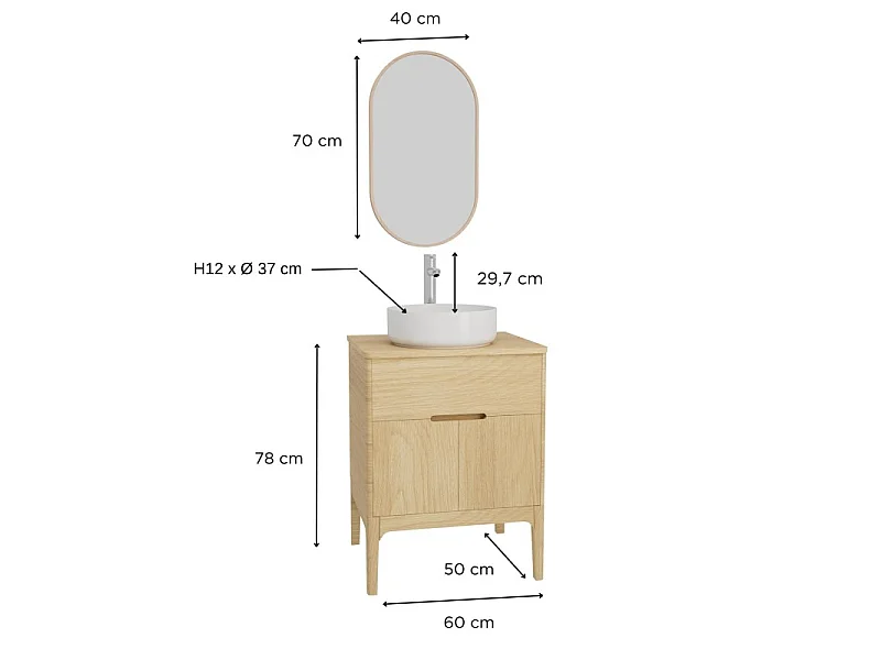 ALASKA wastafelmeubelset met enkele wasbak 60 cm + wastafel + kraan + spiegel