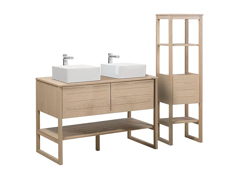 Meuble de Salle De Bain Chêne 120 cm + Colonne de rangement Chêne 145 cm ATOLL + 2 Vasques carrées