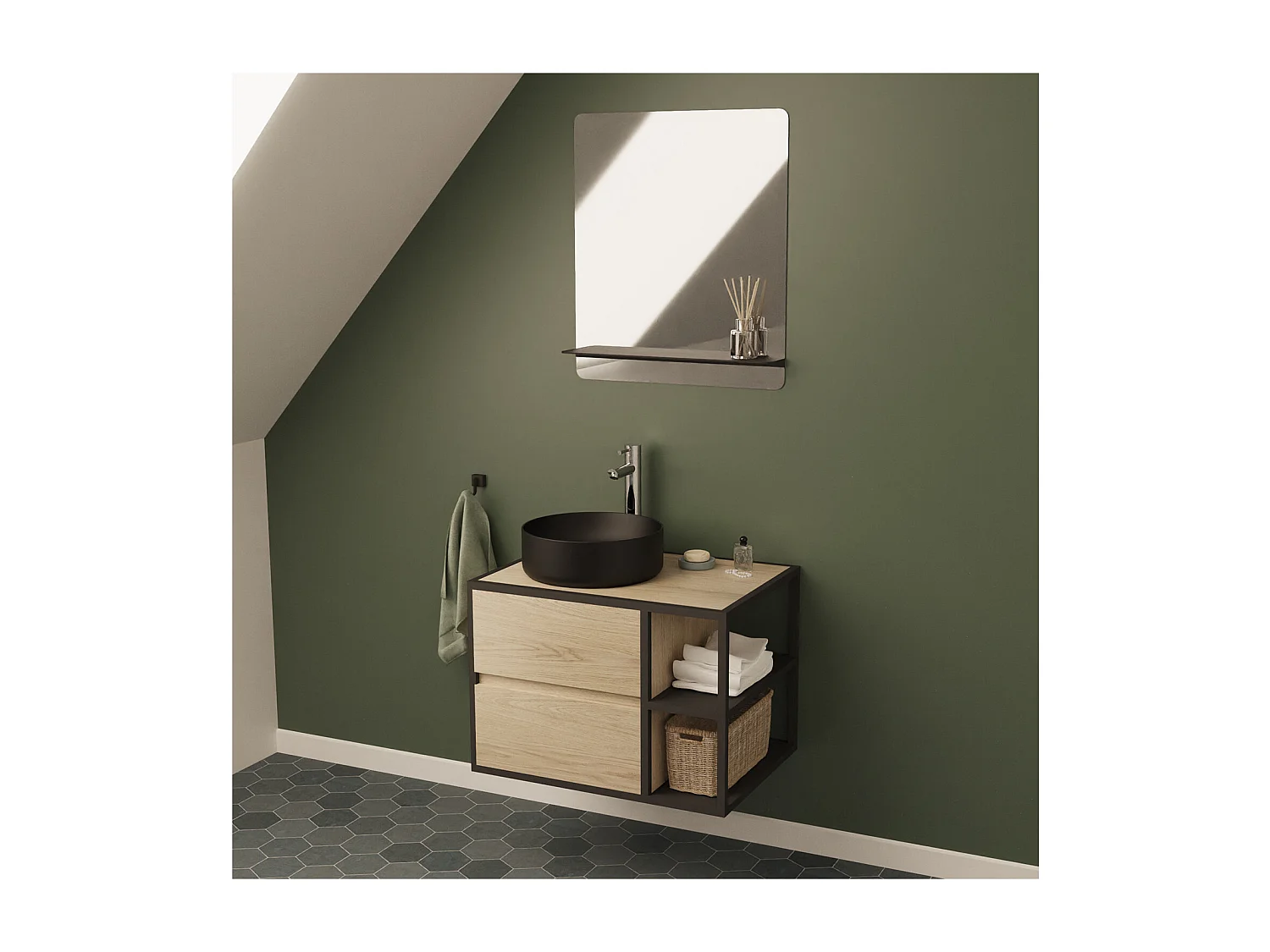 Ensemble meuble simple vasque EDISSON 70 cm + vasque + miroir