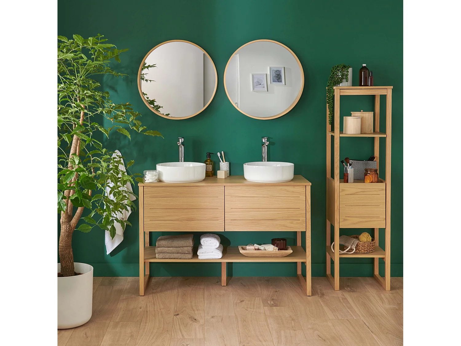 Meuble de Salle De Bain Chêne 120 cm + Colonne ATOLL + 2 Miroirs ronds 60 cm + 2 Vasques rondes 37 cm