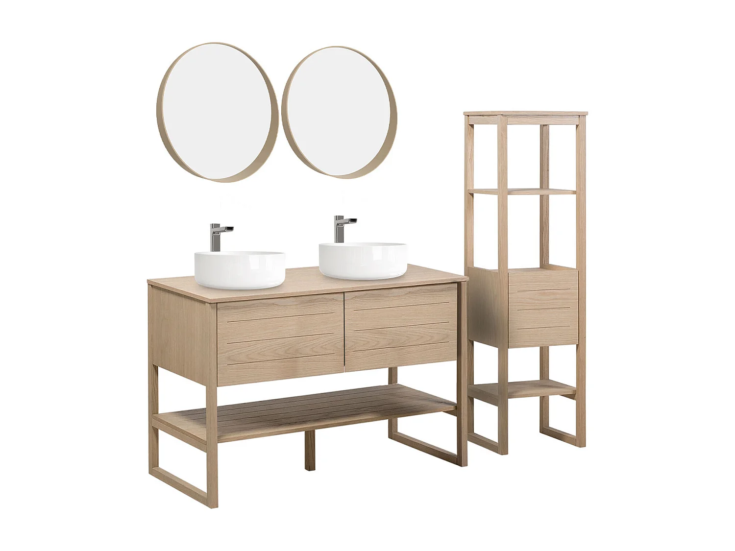 Meuble de Salle De Bain Chêne 120 cm + Colonne ATOLL + 2 Miroirs ronds 60 cm + 2 Vasques rondes 37 cm