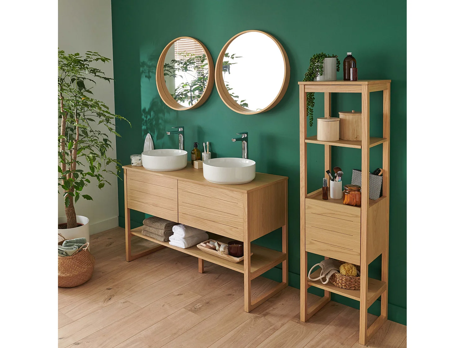 Meuble de Salle De Bain Chêne 120 cm + Colonne ATOLL + 2 Miroirs ronds 60 cm + 2 Vasques rondes 37 cm