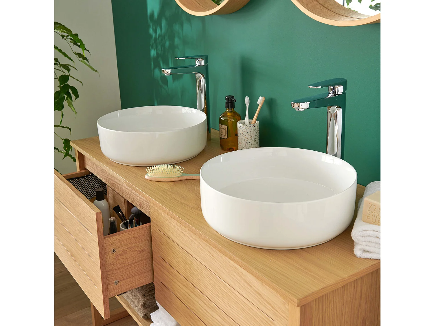 Meuble de Salle De Bain Chêne 120 cm + Colonne ATOLL + 2 Miroirs ronds 60 cm + 2 Vasques rondes 37 cm