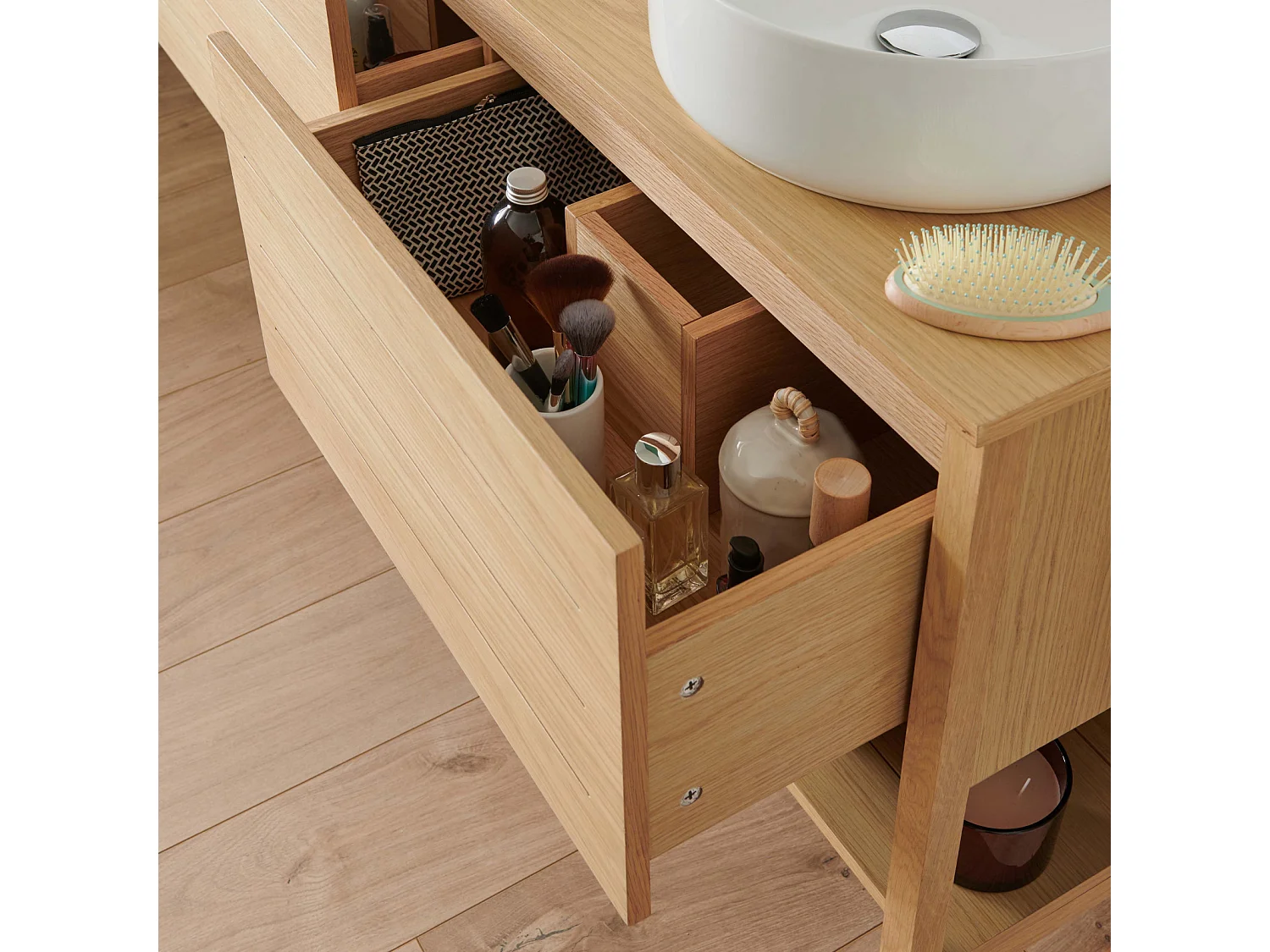 Meuble de Salle De Bain Chêne 120 cm + Colonne ATOLL + 2 Miroirs ronds 60 cm + 2 Vasques rondes 37 cm