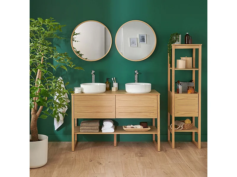 Meuble de Salle De Bain Chêne 120 cm + Colonne ATOLL + 2 Miroirs ronds 60 cm + 2 Vasques rondes 37 cm