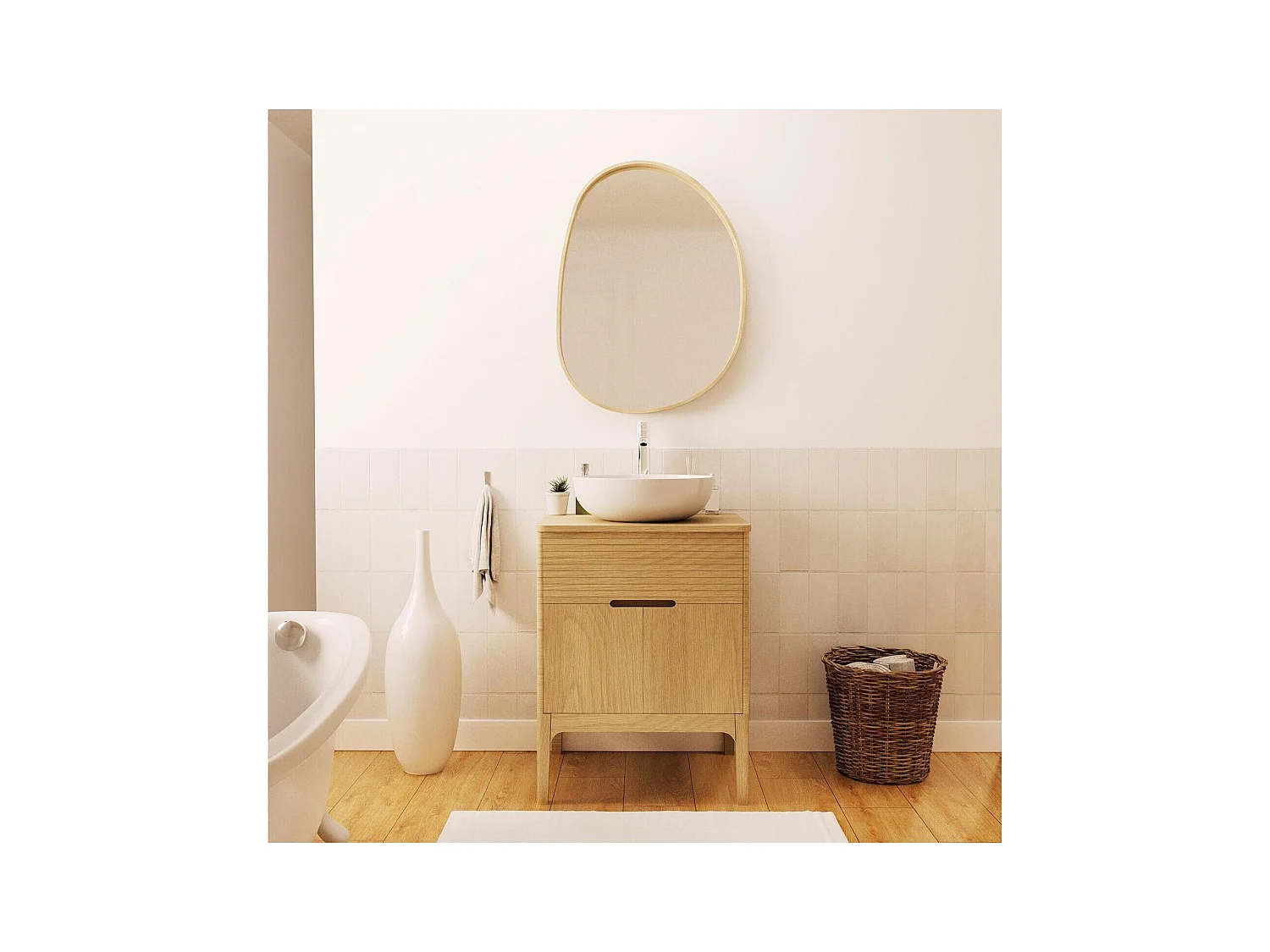 Ensemble meuble simple vasque 60 cm chêne naturel + vasque + robinet + miroir