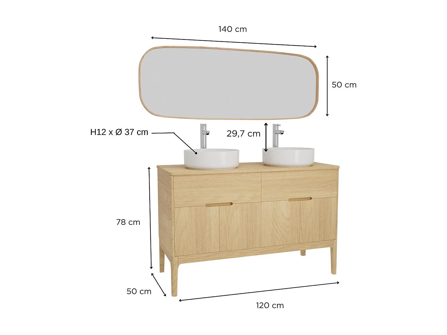 ALASKA dubbele spoelbakset 120cm + spoelbak + kraan + spiegel