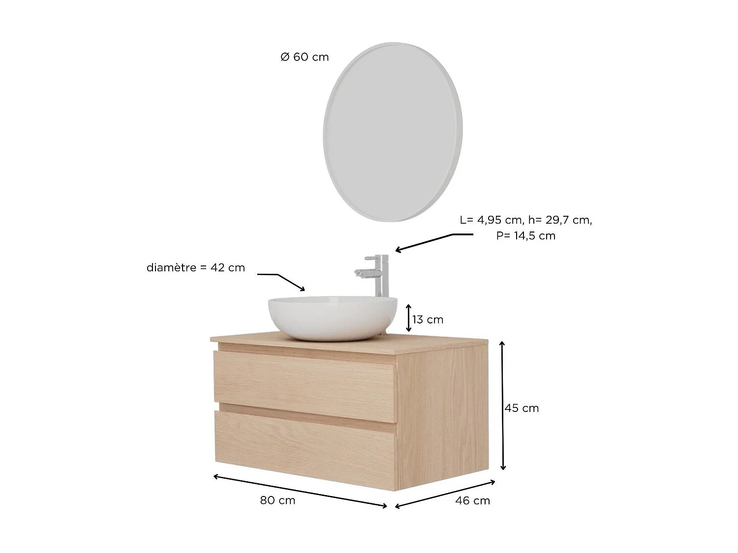 Mobile lavabo singolo SORRENTO 80 cm + lavabo + rubinetto + specchio