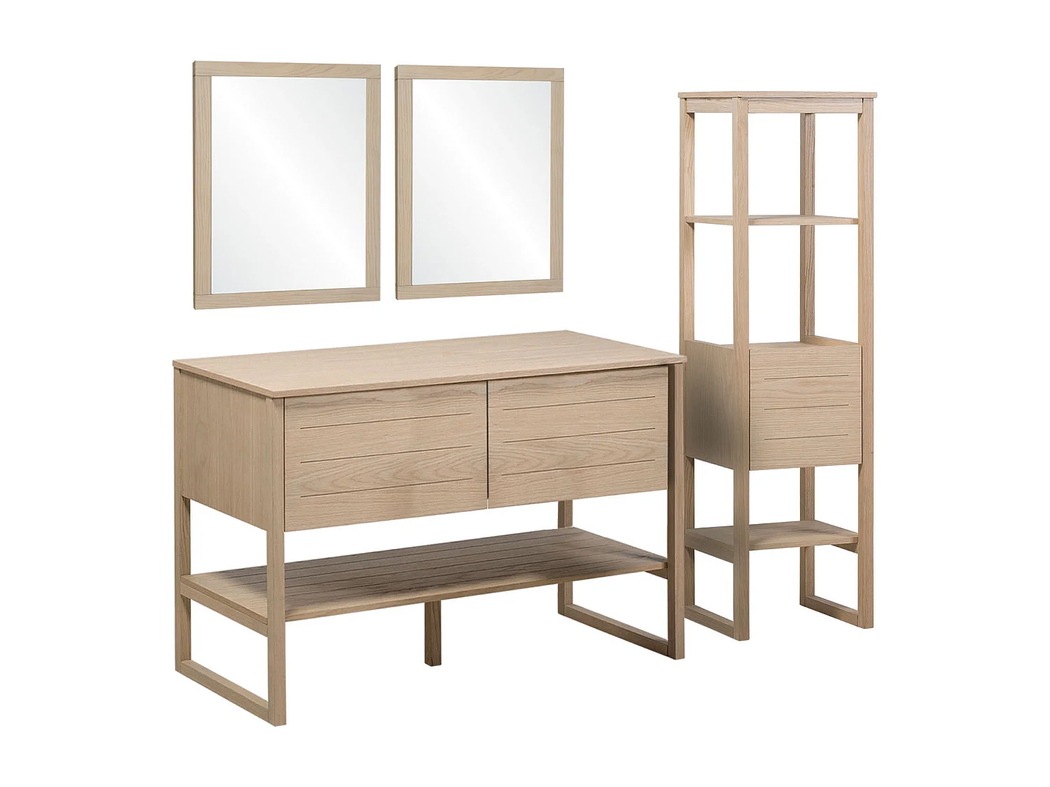 Meuble de Salle De Bain Chêne 120 cm + Colonne de rangement Chêne 145 cm ATOLL + 2 Miroirs