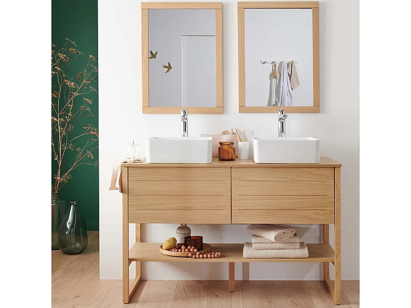 Meuble de Salle De Bain Chêne 120 cm ATOLL + 2 Miroirs + 2 Vasques carrées