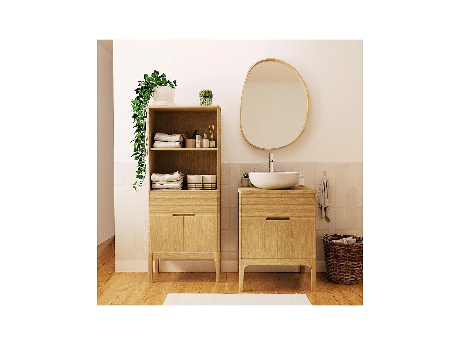 Ensemble meuble simple vasque 60 cm chêne naturel + vasque + robinet + miroir + colonne