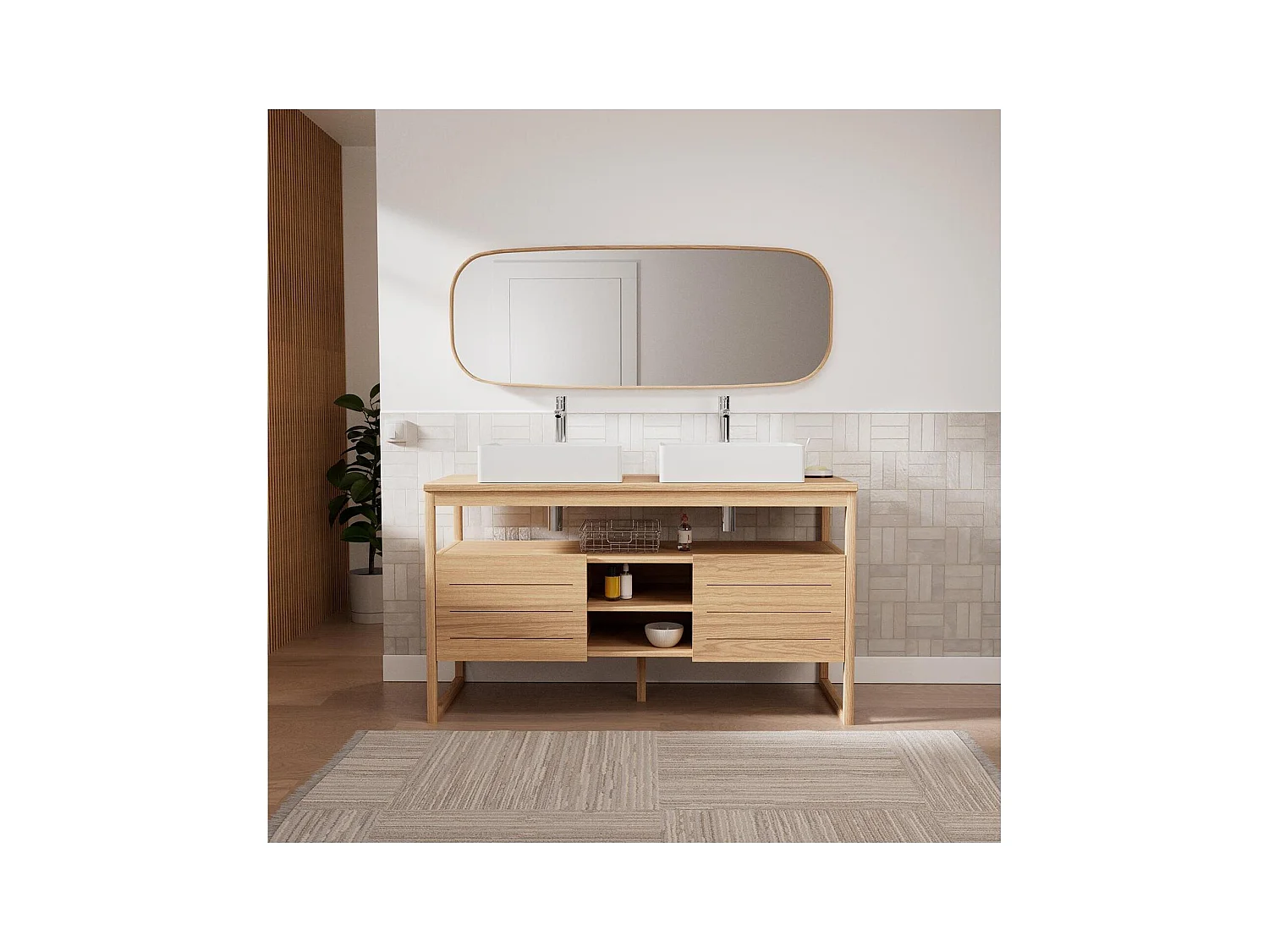 Conjunto mueble doble lavabo 140 cm + Lavabos + Grifos + Espejo ATOLL